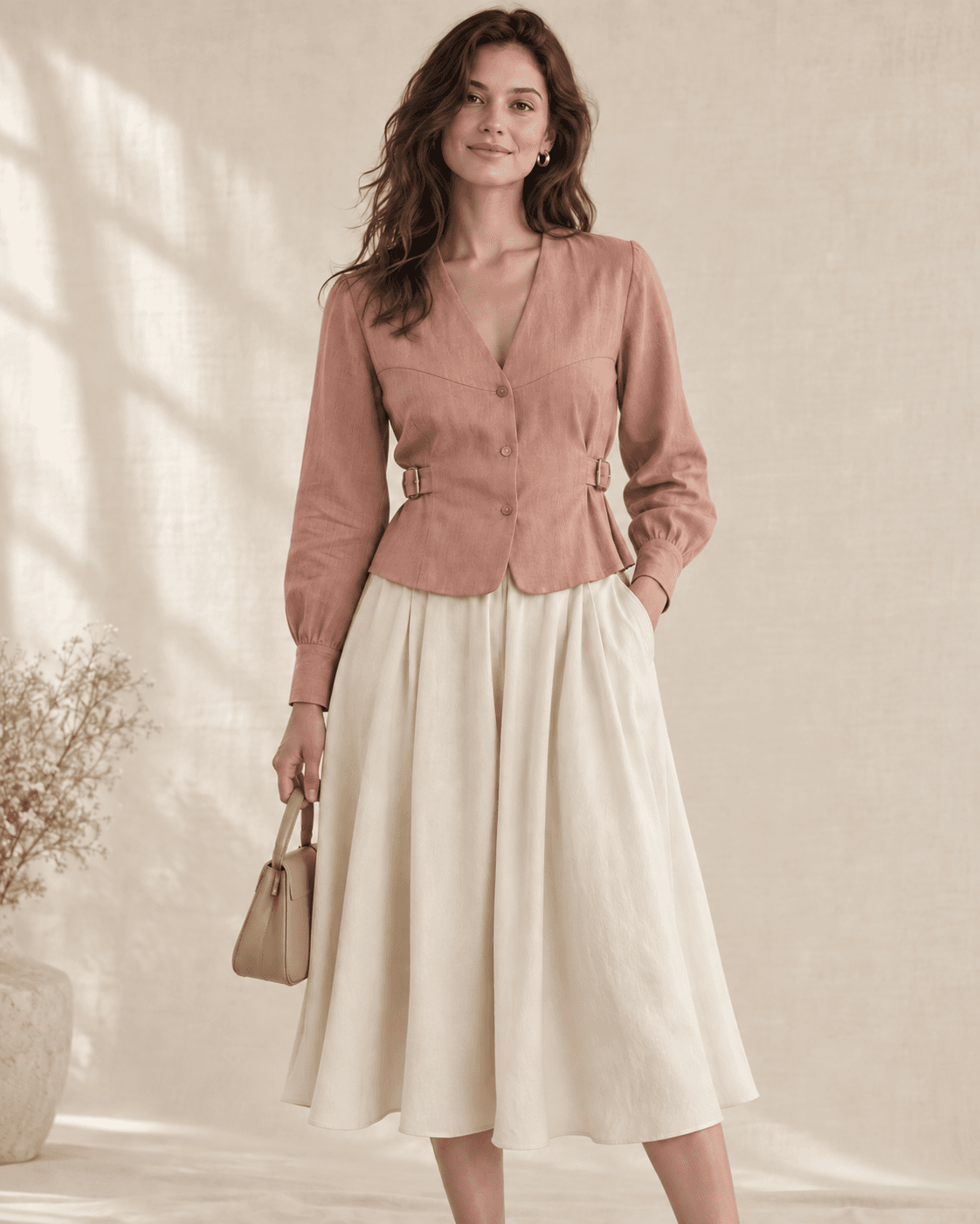 Model wearing the rose Signature Shirae with a flowing cream midi skirt